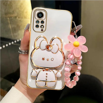 Mirror Rabbit Flower Strap Case for Xiaomi Redmi Note 11 / 12 / 10 / 9 Series – Pro Max Stand Phone Cover with Decorative Strap & Protective Design