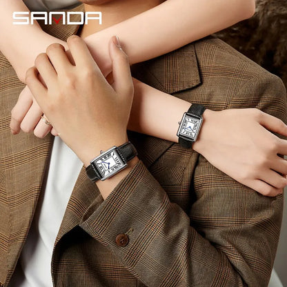 SANDA Couple Watch – 30M Waterproof, Casual Fashion, Quartz with Wear-Resistant Leather Strap, Square Dial Design