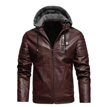 Fashion Men’s Hooded Faux Leather Jacket – Military Style Motorcycle Outwear with Zipper Pockets, Autumn Winter Coat