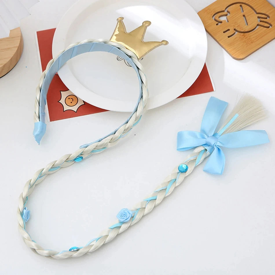 Girls Elsa Cosplay Headband - Snowflake Crown & Braid Hair Accessory, Princess Bow Hair Ornament