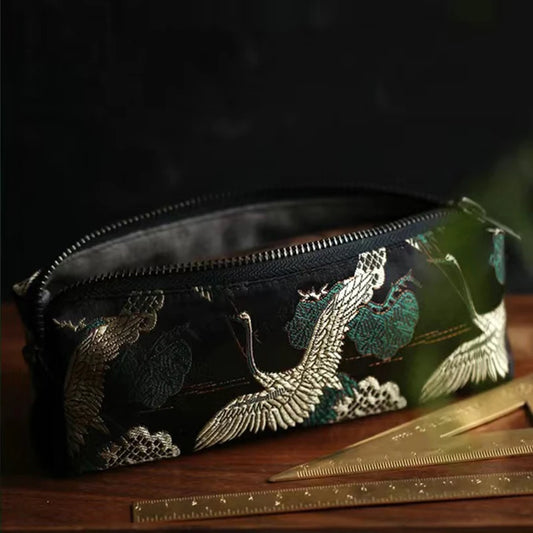 Retro Kawaii Pencil Case – Embroidery Pen Case with Golden Thread, Trousse School Supplies & Pencil Pouch