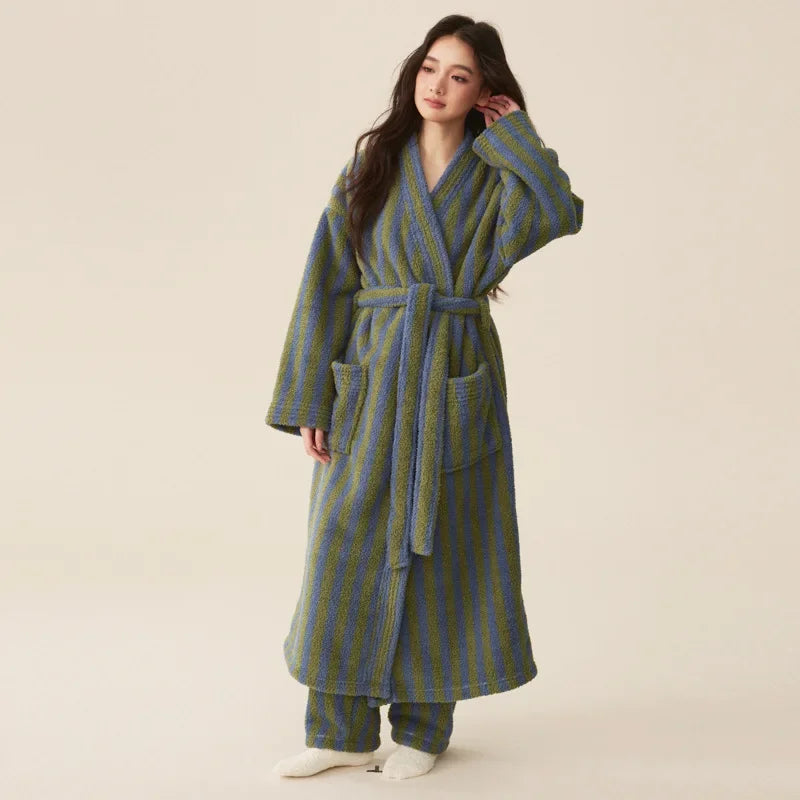 Couple’s Thickened Flannel Pajama Set – Coral Velvet Bathrobe & Striped Pants for Autumn Winter Homewear