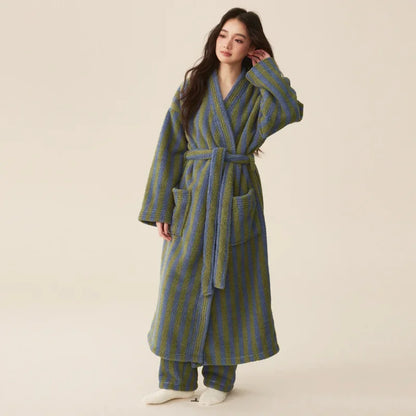Couple’s Thickened Flannel Pajama Set – Coral Velvet Bathrobe & Striped Pants for Autumn Winter Homewear