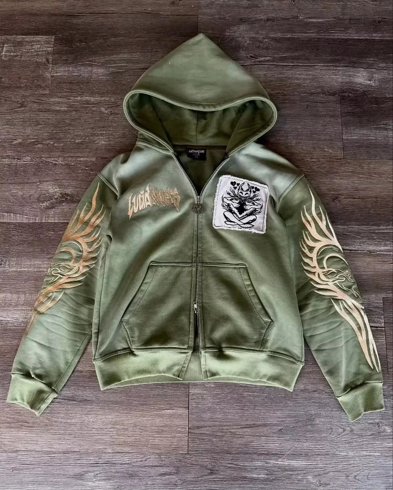 Y2K Harajuku Skull Embroidered Padded Coat - Vintage Hip Hop Faux Fur Collar Casual Couple Jacket