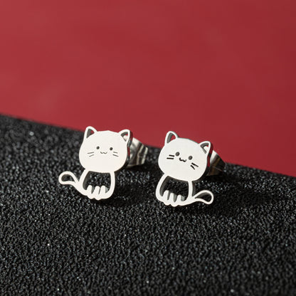 Jisensp Cartoon Cat Earrings — Cute Stainless Steel Kitten Studs for Women & Girls, Funny Animal Jewelry