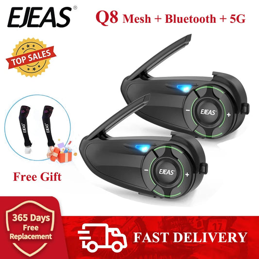 EJEAS Q8 Motorcycle Mesh Intercom – Bluetooth 5.1 Headset with EUC Remote Walkie Talkie for 6 Riders