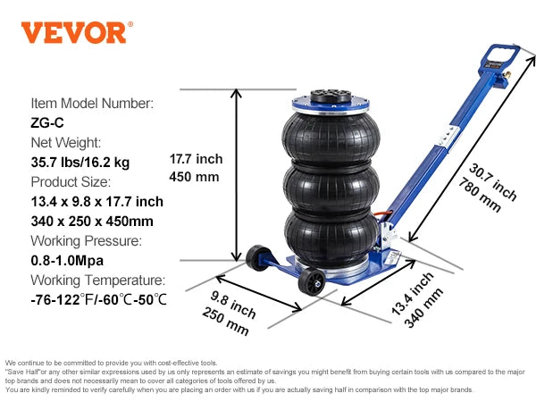 VEVOR Pneumatic Air Jack – 3 Ton/5 Ton Triple Bag Quick Lift Heavy Duty Car Repair Jack with Folding Rod & Two Wheels
