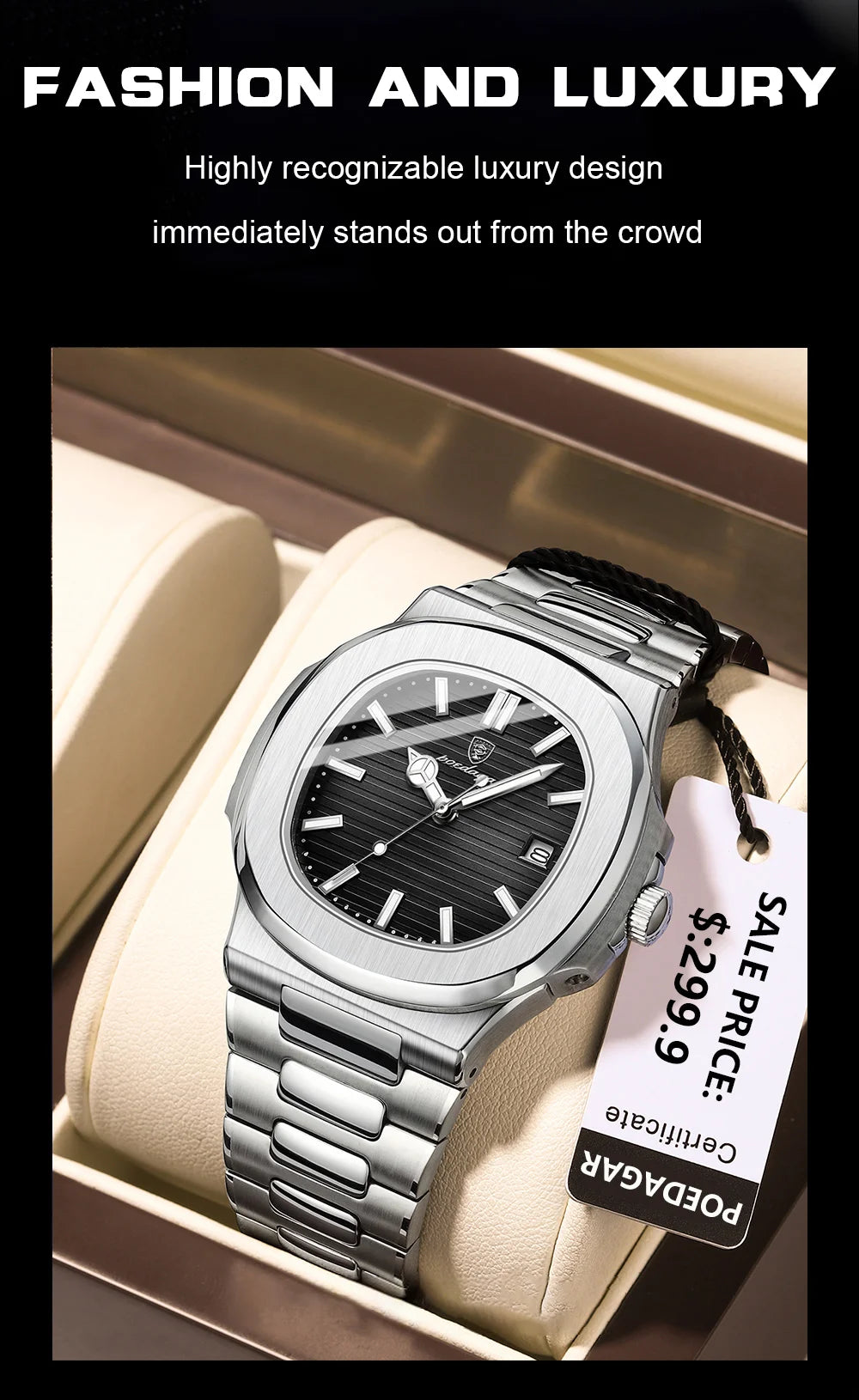POEDAGAR Luxury Men's Sports Watch — Waterproof Luminous Quartz Wristwatch with Square Dial & Date