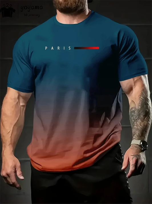 Men's Summer Gradient Print T-Shirt – Fashionable 3D Graphic Round Neck Street & Rock Tops