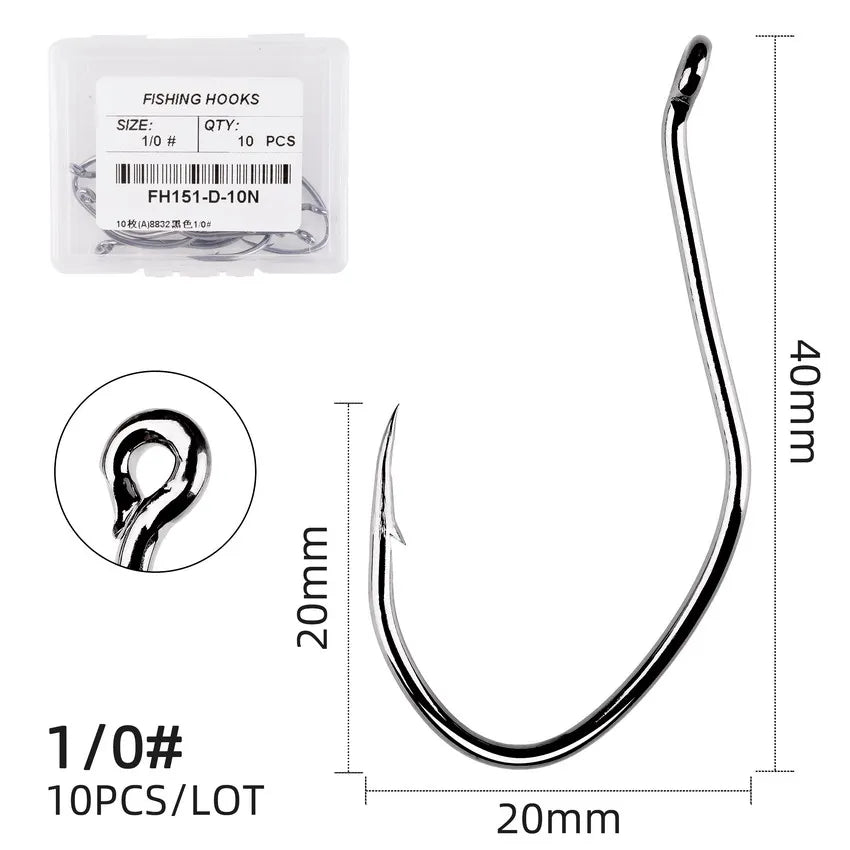 10pcs Catfish Fishing Hooks – High Carbon Steel Barbed Circle Hooks 6/0–10 V-Sharp Tackle
