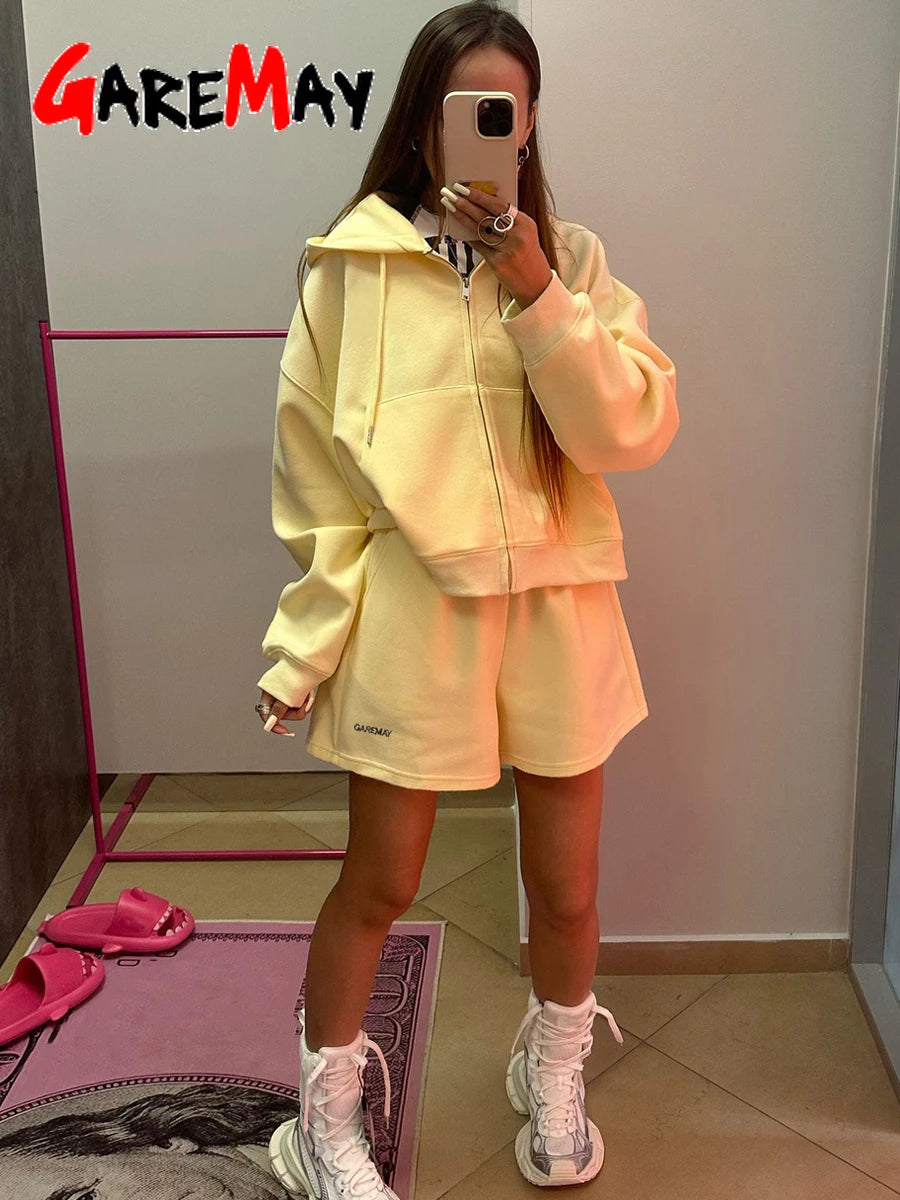 Women’s Summer Yellow Tracksuit – Cotton Zipper Top & Shorts Two-Piece Casual Sports Set