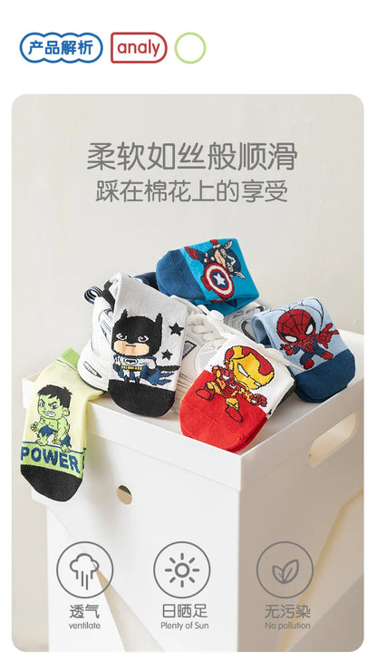 5 Pairs Spiderman Cotton Socks for Kids – Iron Man, Hulk, Thor Anime Boys Short Socks, Cartoon Baby Spring & Summer Footwear