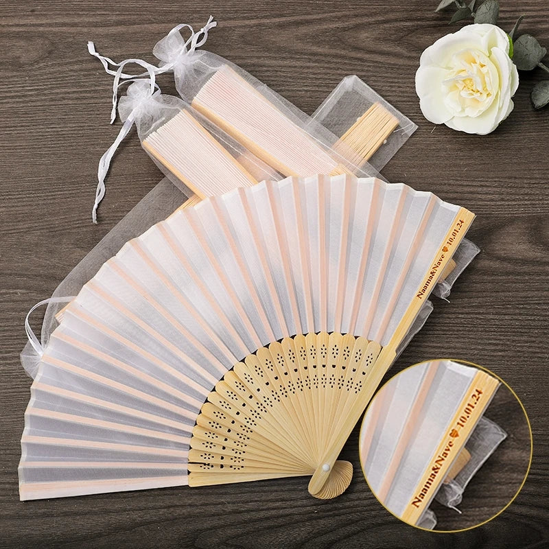 50-100 Personalized Engraved Folding Silk Hand Fans with Gift Bag - Custom Wedding Fans, Elegant Decorations
