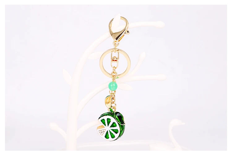 EASYA Vintage Imitation Fruit Charm Keychain – Lemon, Persimmon & Strawberry Glass Pendant, Luxury Jewelry for Women