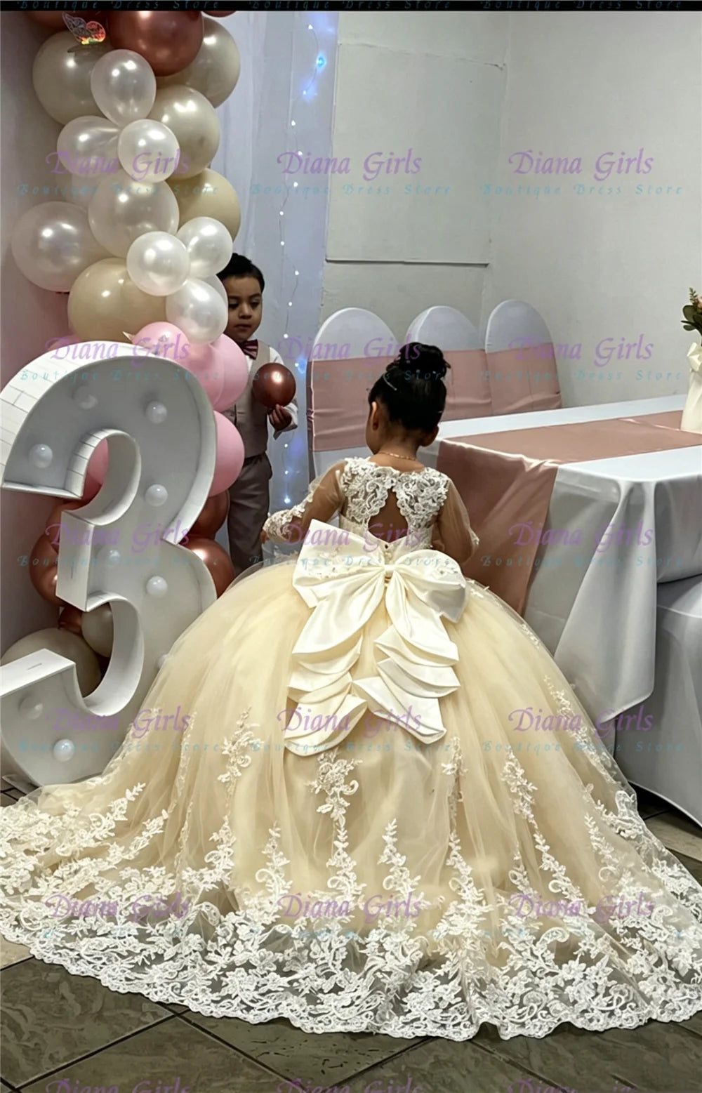 White Tulle Flower Girl Dress - Lace Applique Wedding & Party Gown