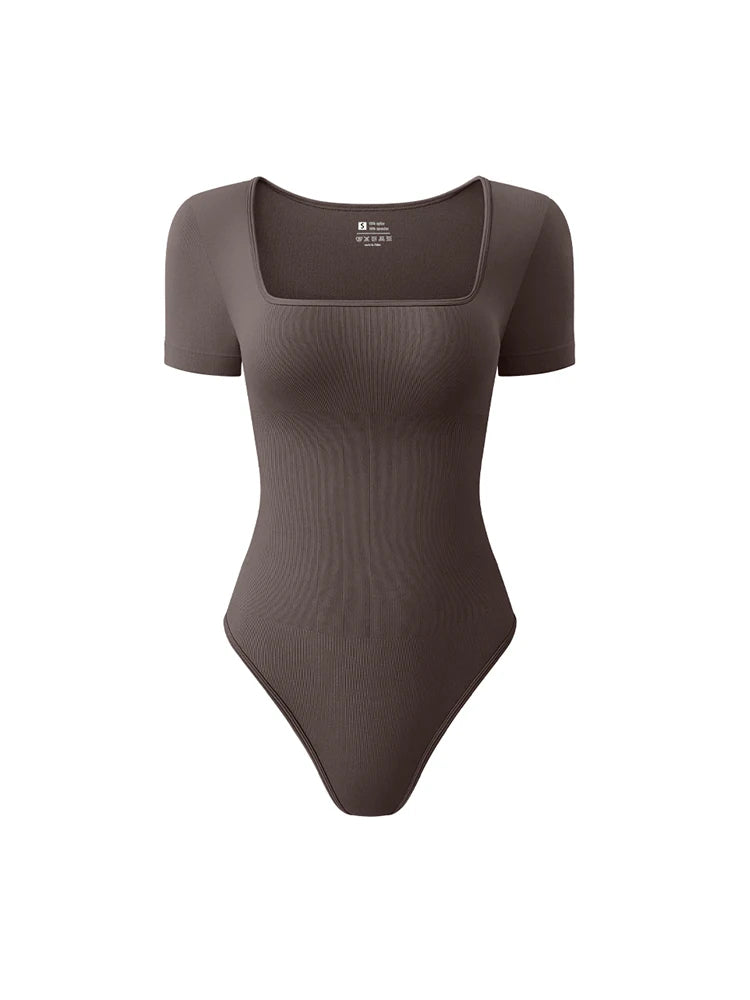 Women’s Early Autumn Square Neck Seamless Bodysuit – Short Sleeve Solid Color Body Shaping Jumpsuit Top