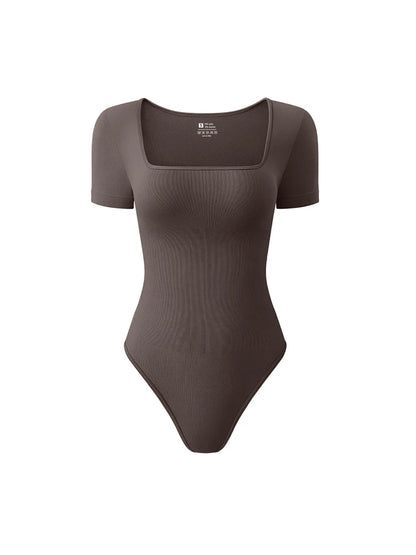 Women’s Early Autumn Square Neck Seamless Bodysuit – Short Sleeve Solid Color Body Shaping Jumpsuit Top