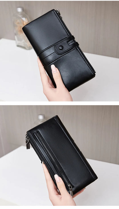 RFID Blocking Large Capacity Wallet – Soft Leather Solid Color Clutch, Multi-Functional Zipper Purse for Women & Men
