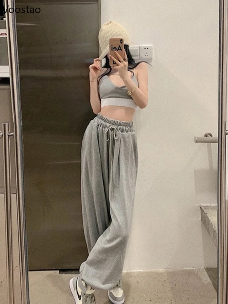 Women's White Wide Leg Jogger Sweatpants - Casual Fashion Sports Ankle-Length Trousers