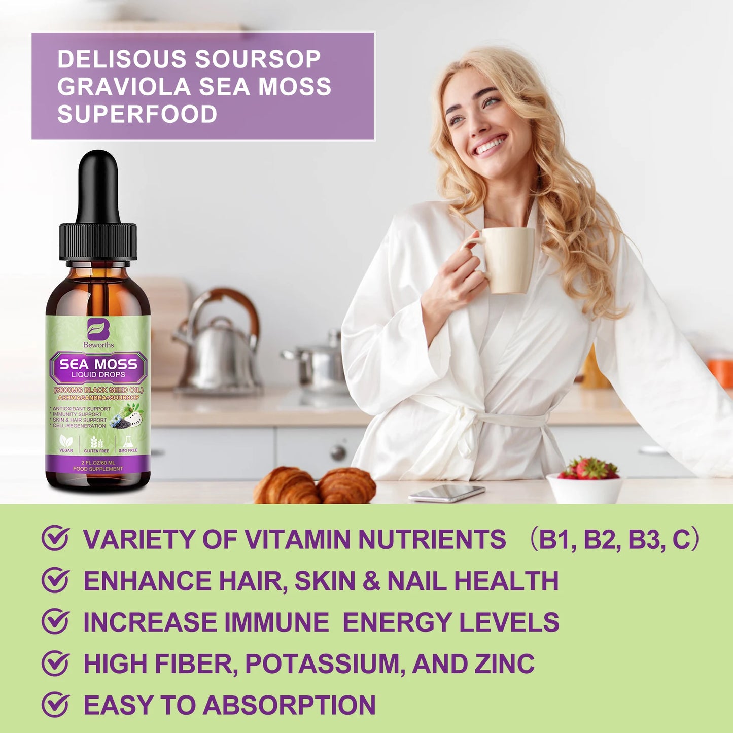 BEWORTHS Sea Moss & Soursop Graviola Extract Drops – Immunity, Kidney Health, Digestion & Antioxidant Support