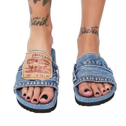 2024 Fashion Denim Slippers for Women - Non-slip, Comfortable Flat Slides, Outdoor Beach Casual Summer Shoes
