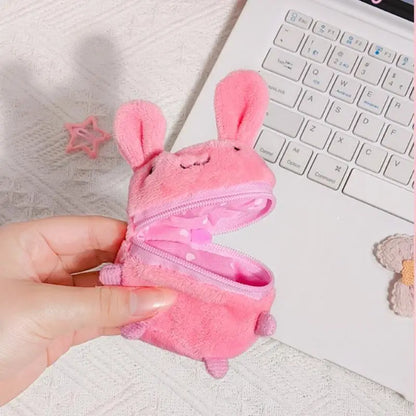 Mini Pink Fluffy Rabbit Coin Purse - Cute Cartoon Keychain Bag Charm Headphone Storage Case