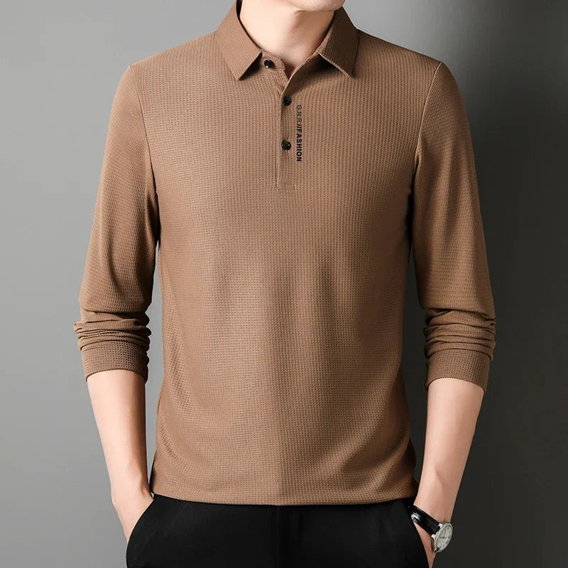 Men's Waffle Long Sleeve Polo Shirt - Letter Print Casual Lapel Top