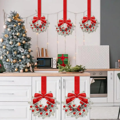 Set of 6 Mini Christmas Cabinet Wreaths with Ribbon Bows – Artificial Farmhouse Holiday Party Decorations