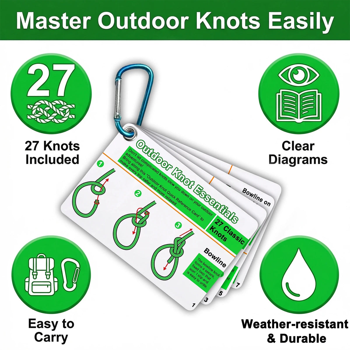 7-Piece Outdoor Knot Cards Set - 27 Classic Knots Guide with Mini Carabiner for Camping & Backpacking