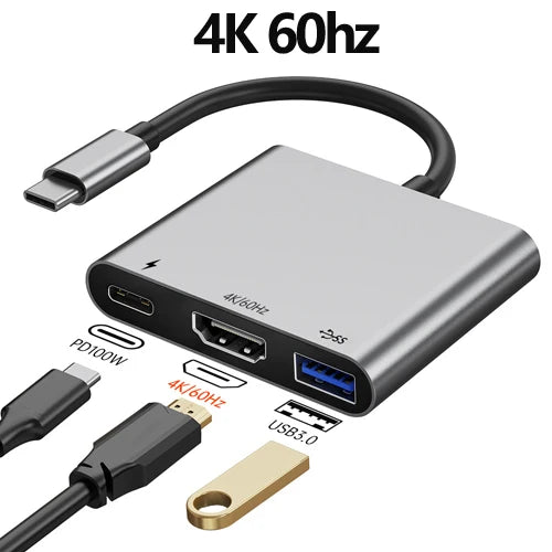Tebe 3-in-1 USB-C Hub Adapter – 4K 60Hz HDMI, USB 3.0 & 100W PD Fast Charging for MacBook, iPad, Dell & Nintendo Switch