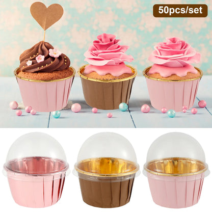 50Pc Foil Cupcake Liners with Lids - Heat Resistant 5.5oz Aluminum Cake Cups - Round Foil Baking Cups for Kitchen Wedding Party Supplies