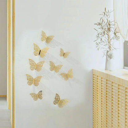 12PCS Metal-Inspired 3D Hollow Paper Butterfly Decorations – Party, Wedding, Birthday & Festival Wall Stickers