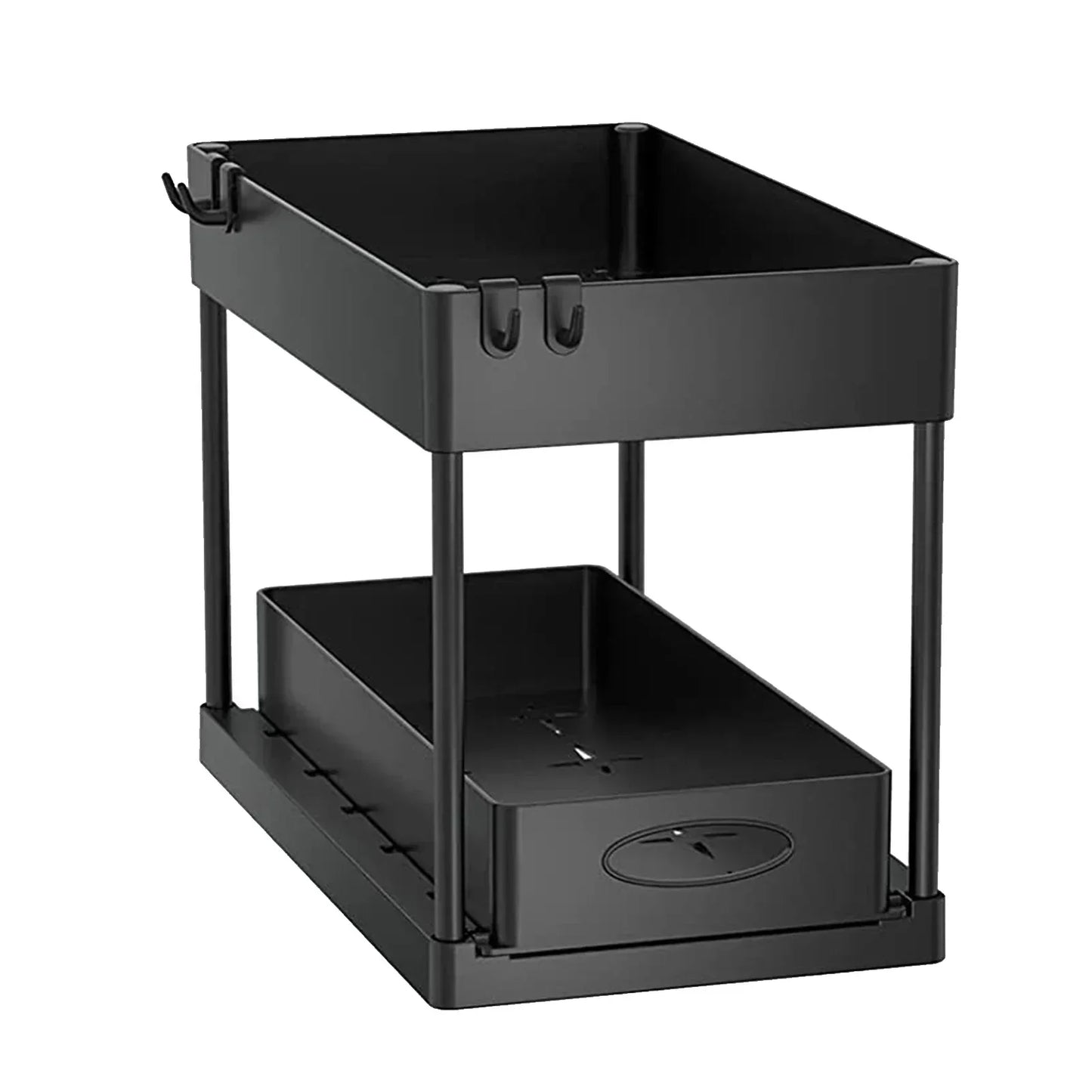 2-Tier Under Sink Sliding Organizer — Cabinet Basket Storage Rack with Hooks for Bathroom & Kitchen Cups