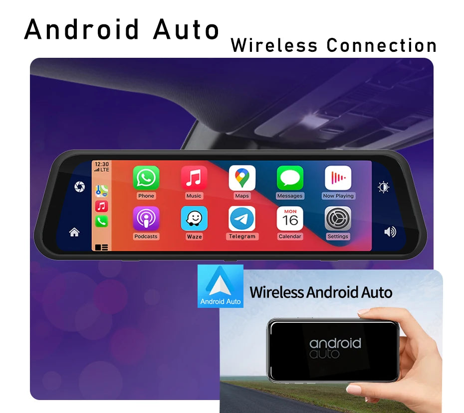 4K 2160P Dash Cam – Car DVR with CarPlay, Android Auto, Rearview Mirror Streaming, GPS, 5G WiFi, FM Radio, AUX