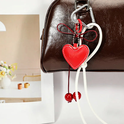 Y2K Leather Rope Keychain with Cherry Bow – Cute 3D Heart Bag Pendant Cartoon Keyring & Anti-Lost Phone Lanyard