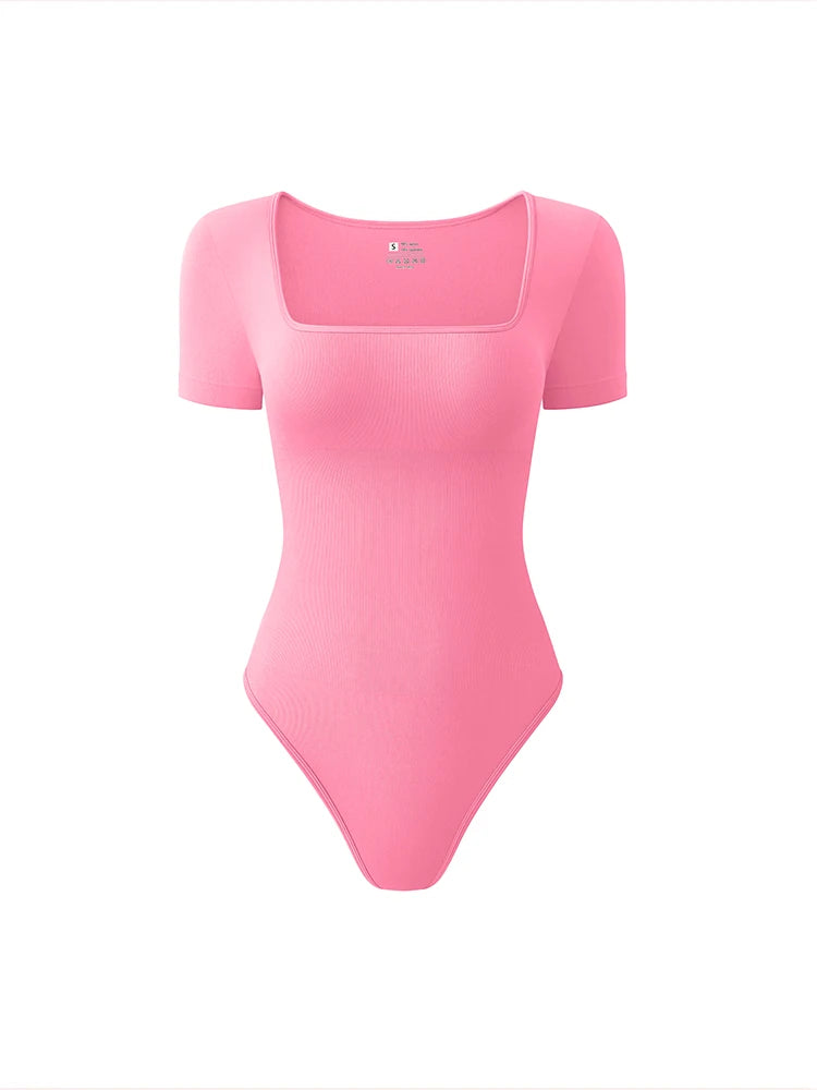 Women’s Early Autumn Square Neck Seamless Bodysuit – Short Sleeve Solid Color Body Shaping Jumpsuit Top