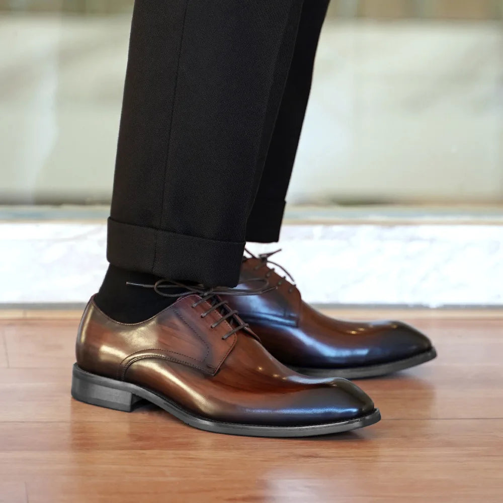 Men's Wood Grain Leather Derby Shoes - Square Toe Business Casual Office Dress Shoes