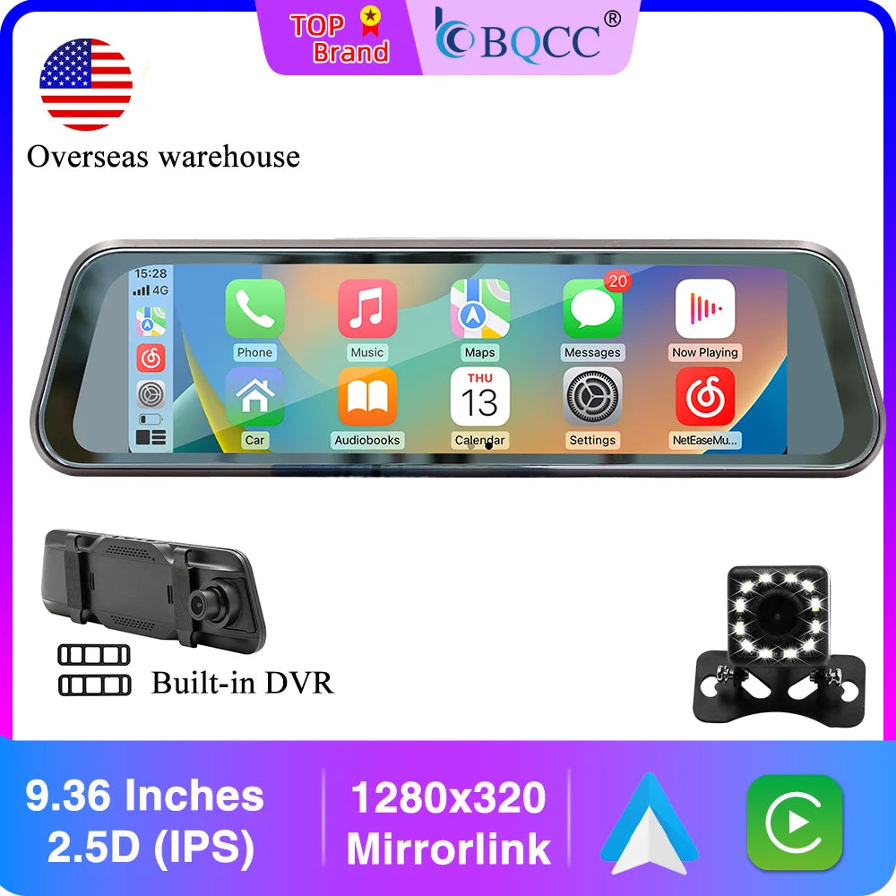 9.36" Car Stereo Touchscreen - MirrorLink, CarPlay & Android Auto Rearview Mirror Recorder with AUX, Bluetooth & FM Radio
