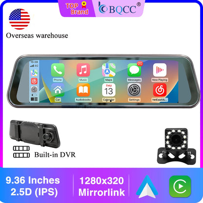 9.36" Car Stereo Touchscreen - MirrorLink, CarPlay & Android Auto Rearview Mirror Recorder with AUX, Bluetooth & FM Radio