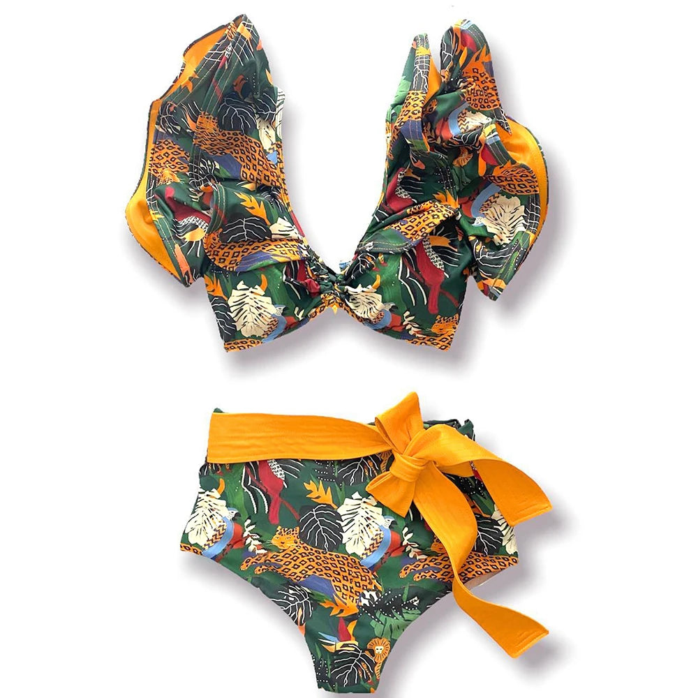 Sporlike V-Neck Ruffled Bikini Set – High Waist Sexy Printed Two-Piece Swimsuit for Women 2025