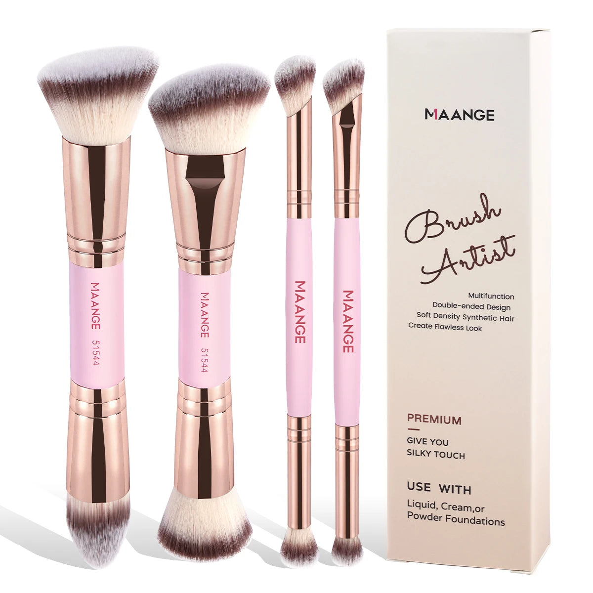 MAANGE 4PCS Basic Makeup Brush Set – Dual-Ended Foundation, Powder, Blush & Eyeshadow Brushes with Travel Box
