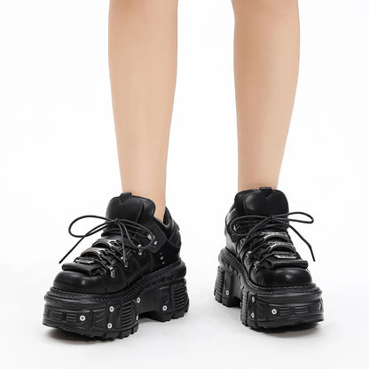 New Punk Style Lace-up Women’s Platform Boots with 6CM Heel, Gothic Rock Ankle Boots, Metal Decor Sneakers
