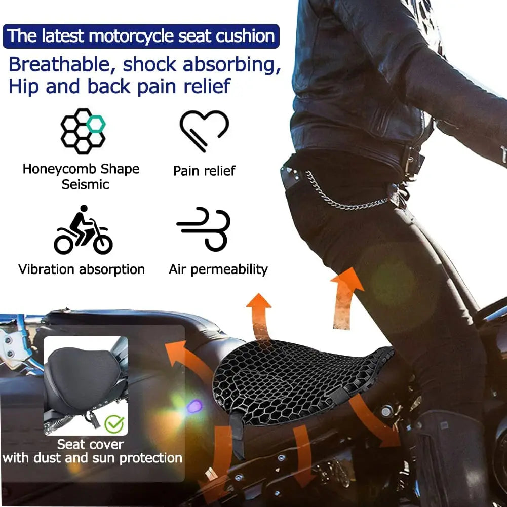 Motorcycle Air Seat Cushion – Shock Absorbing Pressure-Relief Saddle Cover for Cruiser & Sports Bike Travel Comfort