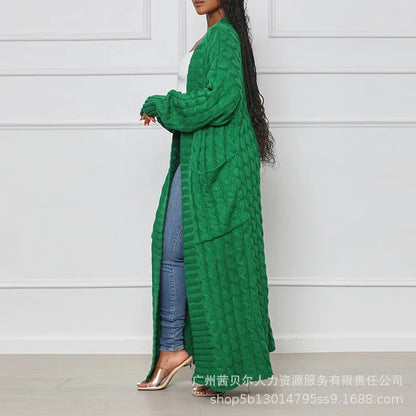 Open Front Cable Knit Longline Cardigan for Women – Long Sleeve, Loose Fit, Casual Fashion Knitwear, Solid Color