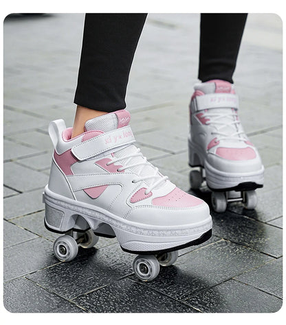 Women's High-Top 4-Wheel Roller Shoes – Fashionable Unisex Pop-Up Sneakers with Wheels, Dual-Purpose Skating & Casual Shoes