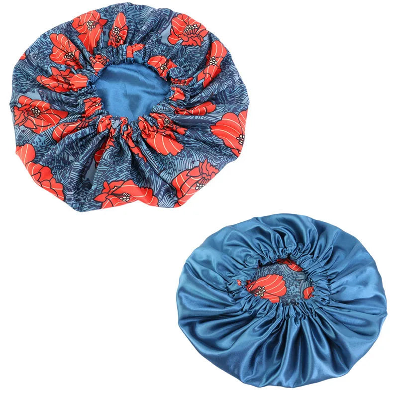 Women’s Double-Layer Satin Bonnet - African Ankara Floral Print Adjustable Reusable Sleep Cap for Hair Care