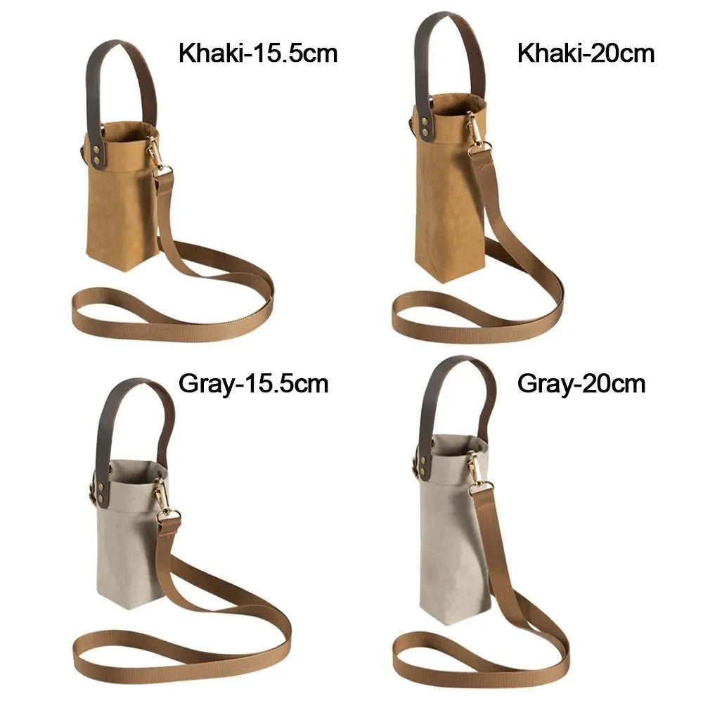 Kraft Paper Water Bottle Carrier Bag - Washable Insulated Pouch Holder with Shoulder Strap for Outdoor Travel