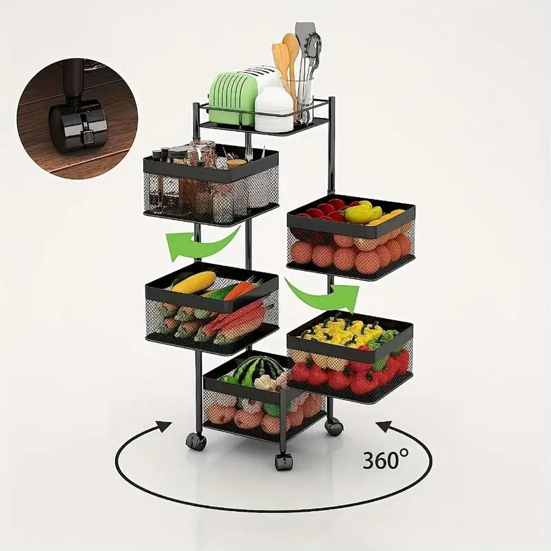 5 Tier Rotating Kitchen Storage Shelf - Metal Fruit & Vegetable Rack, Multi-Layer Trolley on Wheels