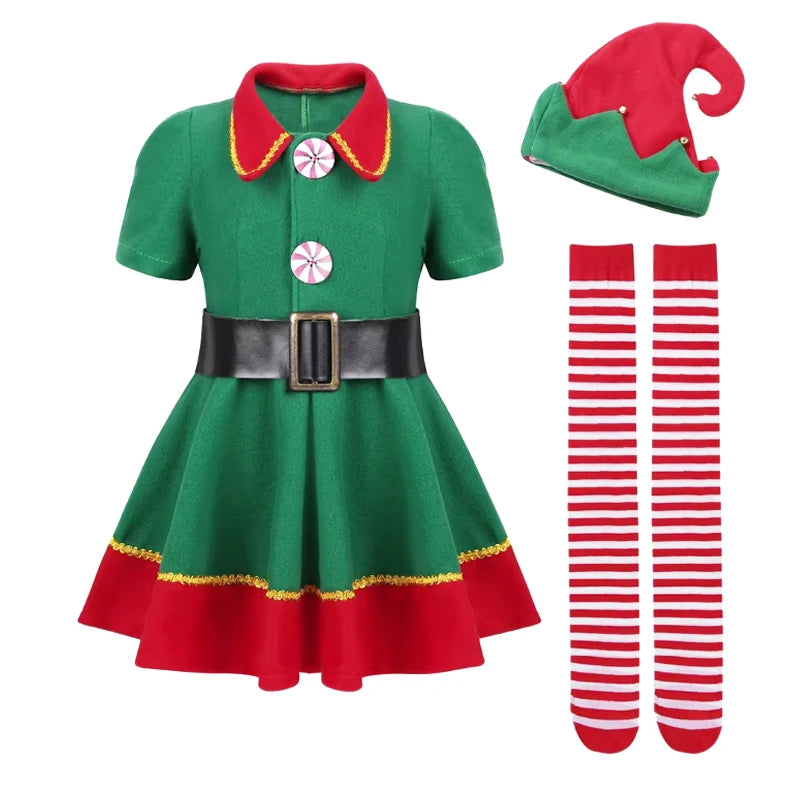 Kids Christmas Elf Costume Set – Green Santa Helper Outfit with Hat for Boys & Girls Holiday Party & Performance Wear