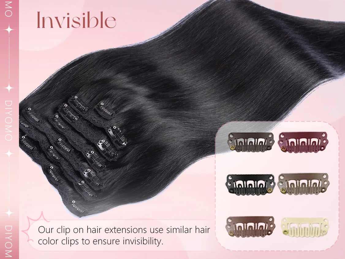 Natural Black Straight Human Hair Extensions - 7-Piece PU Clip-In Invisible Weft Set 116g
